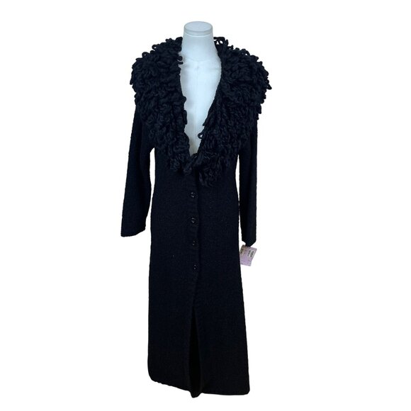 Halukoko Womens Black Ramie/Acrylic Long Coat With Textured Collar Size L - New - Picture 1 of 9